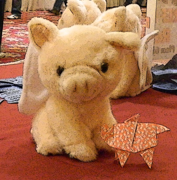 A wee stuffed piggie and an origami pigasus