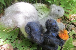 here you see my first attempt at a squirrel.  I gave up and didn't even give it ears.  A few weeks later, and you see the much improved squirrel.