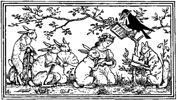 Found illustration in a falling apart book, without enough pages for me to figure out the story.  Apparently, in some places rabbits can marry humans and everyone is just fine with it (as they should be!)